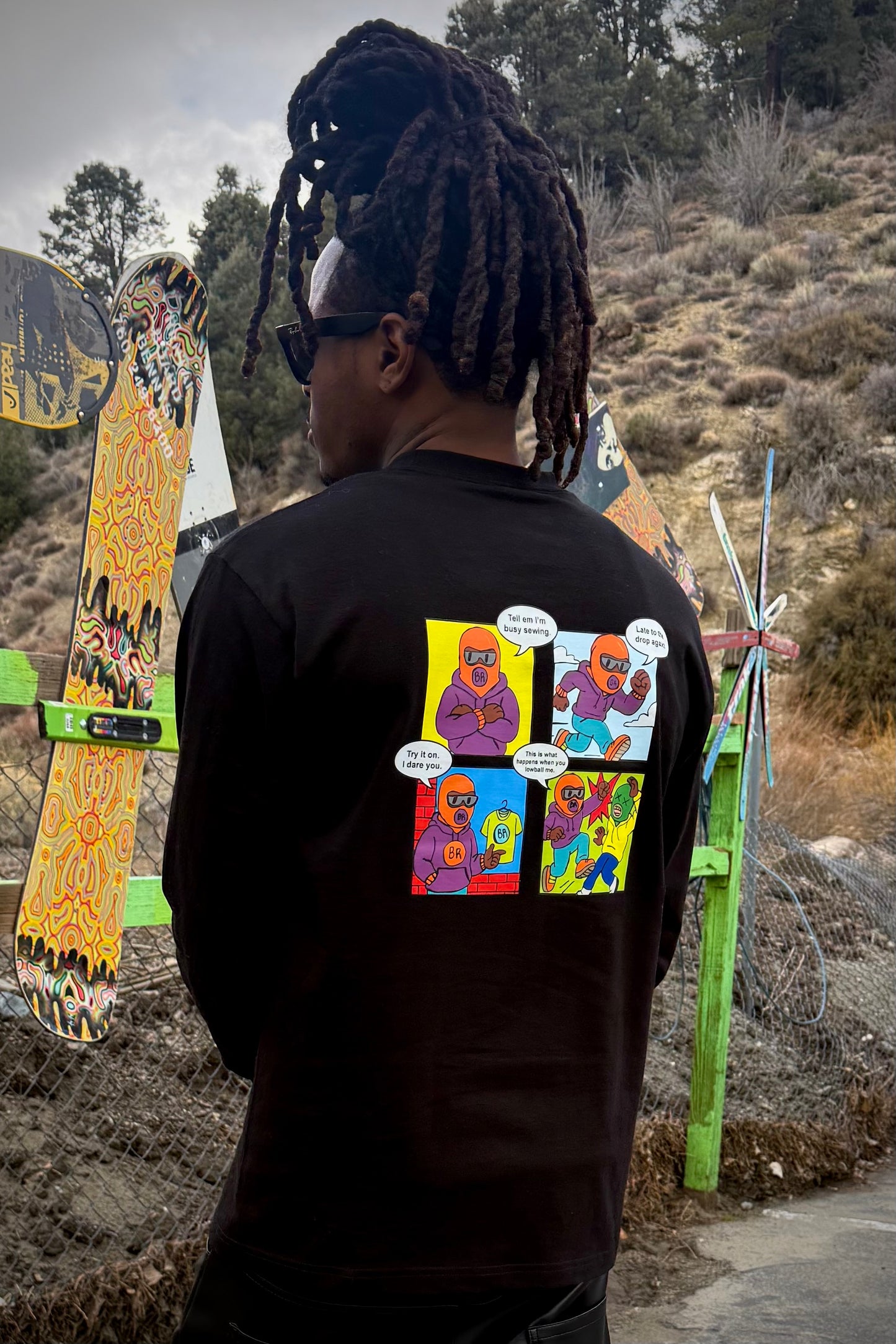 Back view ski mask comic graphic long sleeve
