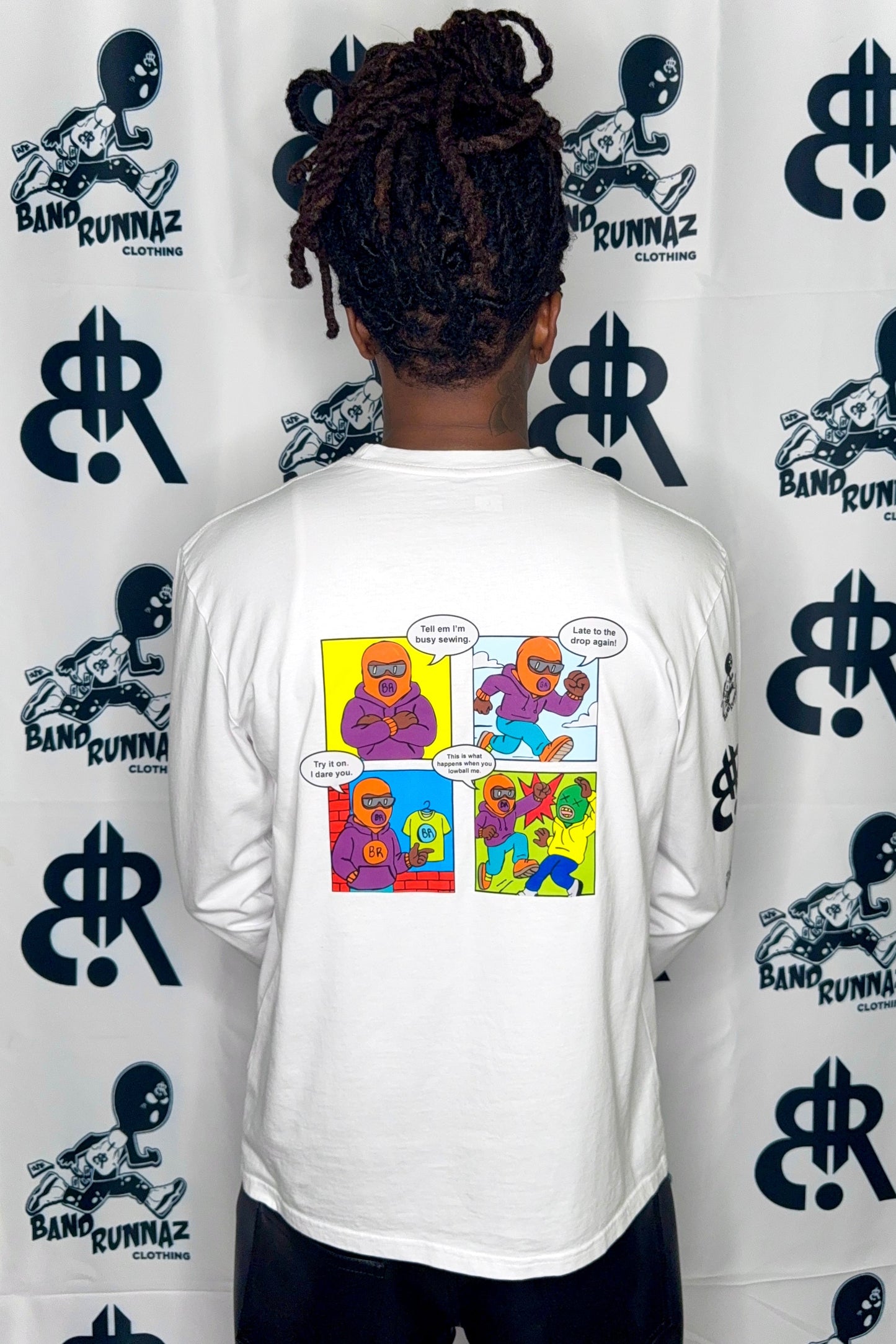 Ski mask comic graphic long sleeve white back view